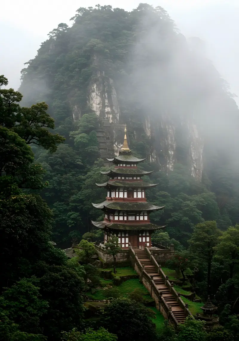 Stunning pagoda temple in misty mountain landscape