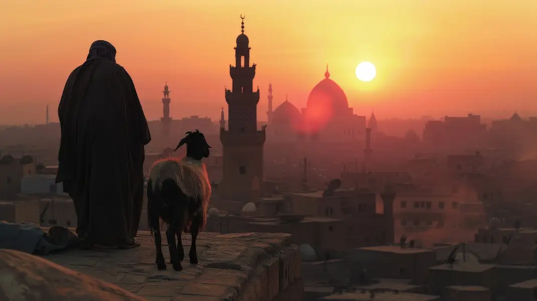 View of photorealistic muslim people with animals prepared for the eid al-adha offering